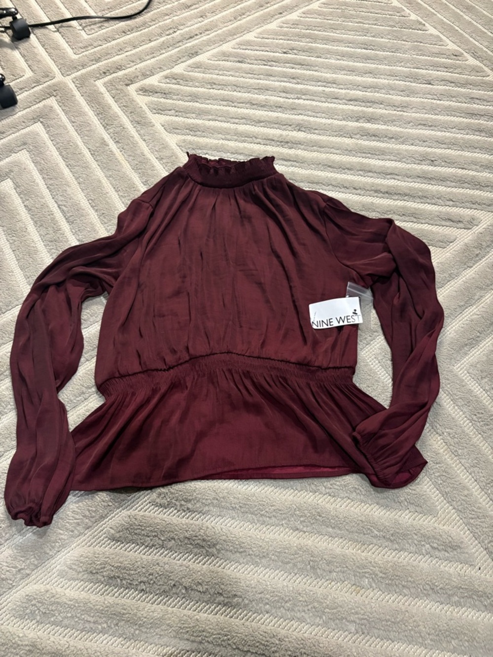 Nine West burgundy long sleeved smocked blouse